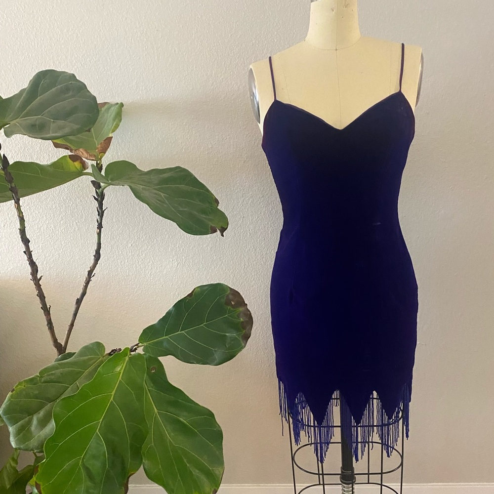 Vintage blue/purple bead fringe velvet dress
